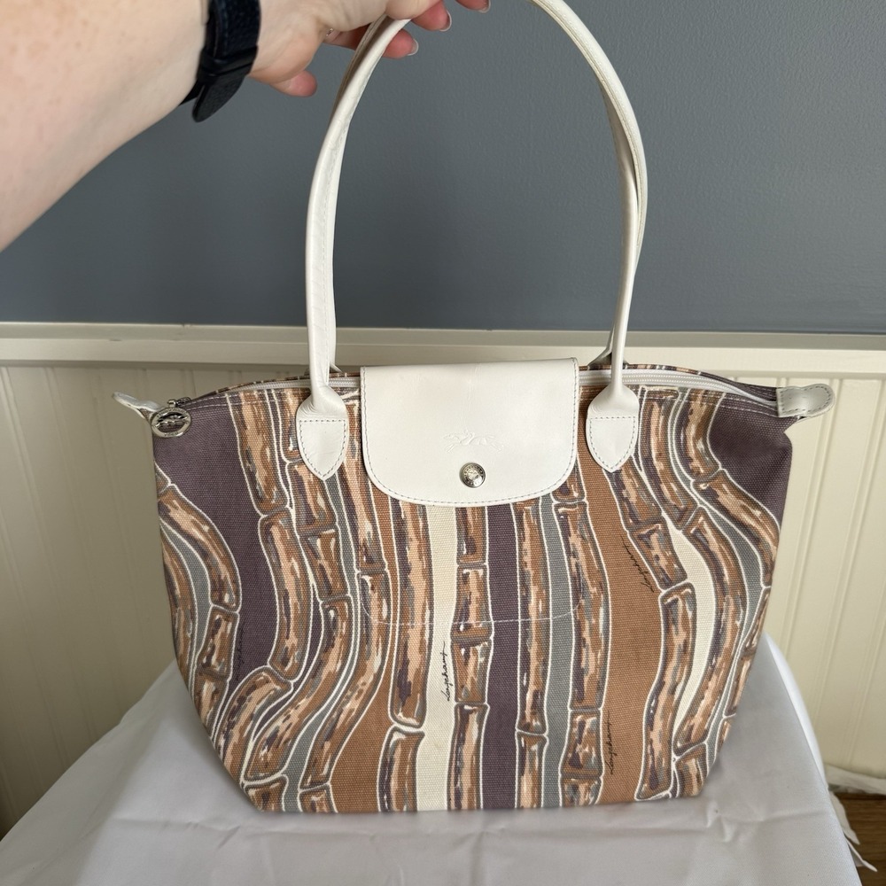 Longchamp Le Pliage Medium Bamboo Canvas White Leather Tote Shoulder Bag Purse